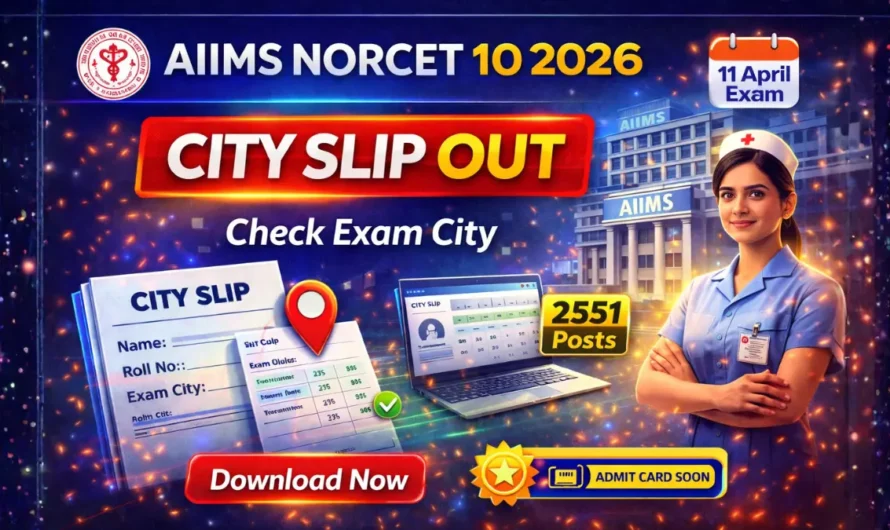 AIIMS NORCET 10 City Intimation Slip 2026 Out